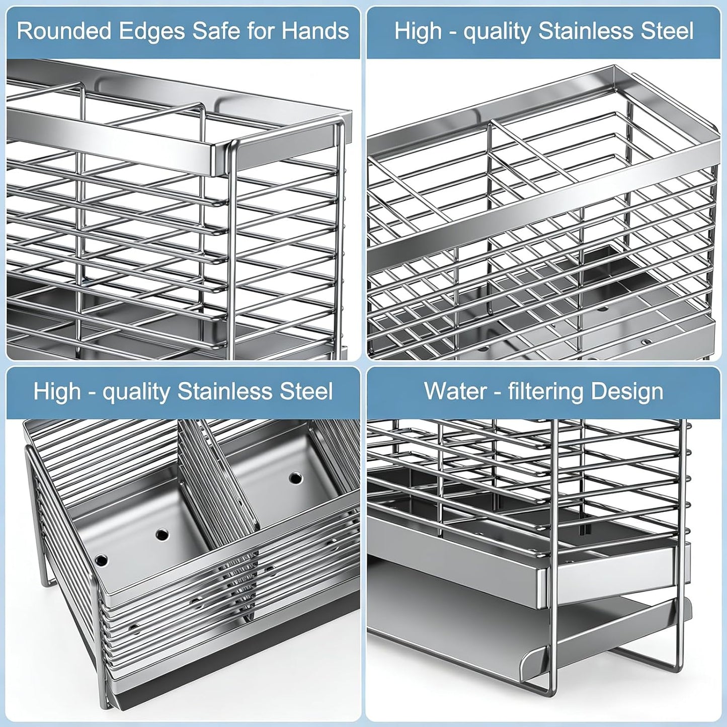 Utensil Holder, Upgrade Stainless Steel Utensil Drying Rack with Automatic Drain Tray for Kitchen Counter, Silverware Cutlery Organizer for Spoons, Forks, Knifes, Chopsticks (Black)