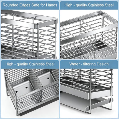 Utensil Holder, Upgrade Stainless Steel Utensil Drying Rack with Automatic Drain Tray for Kitchen Counter, Silverware Cutlery Organizer for Spoons, Forks, Knifes, Chopsticks (Black)