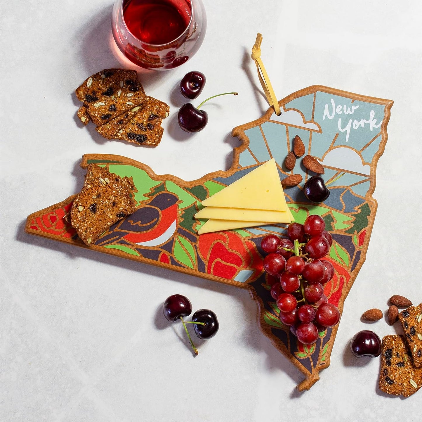 Totally Bamboo North Carolina State Shaped Cutting Board and Charcuterie Serving Platter with Artwork by Summer Stokes, Includes Hang Tie for Wall Display 18" x 8" x 5/8" - Colors A