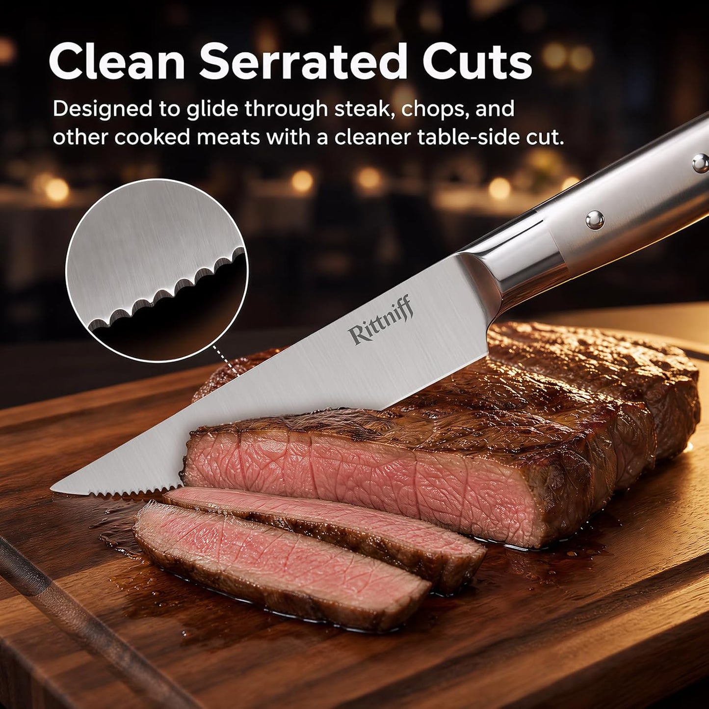 Steak Knives Set of 4, 5-Inch Serrated Stainless Steel Steak Knife Set with Wide Stainless Handle, Gift-Ready Box for Steak Night, BBQ, Housewarming & Wedding