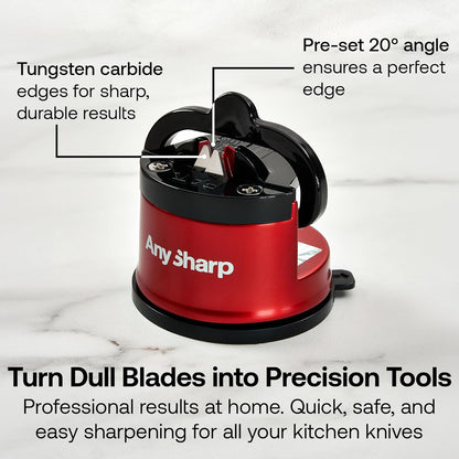 AnySharp – PRO – Hands Free Knife Sharpener - Easy to Use Sharpening Tool with PowerGrip Suction Base and 20-Degree Pre-set Angle - For All Knives: Chef’s, Serrated, and Hardened Steel - Metal