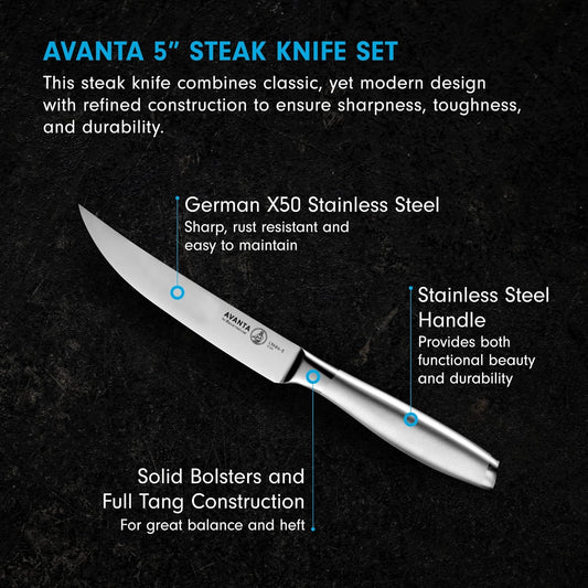 Messermeister Avanta Forged 5” Fine Edge Steak Knife Set - German X50 Stainless Steel - Rust Resistant & Easy to Maintain - Includes 4 Steak Knives