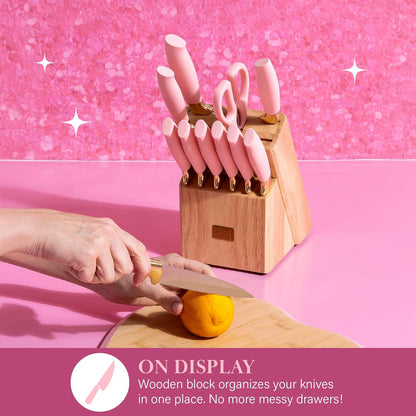 Paris Hilton 12-Piece Knife Set with Block, High-Carbon Stainless Steel Cutlery, Precision Blades and Ergonomic Handles, Pink