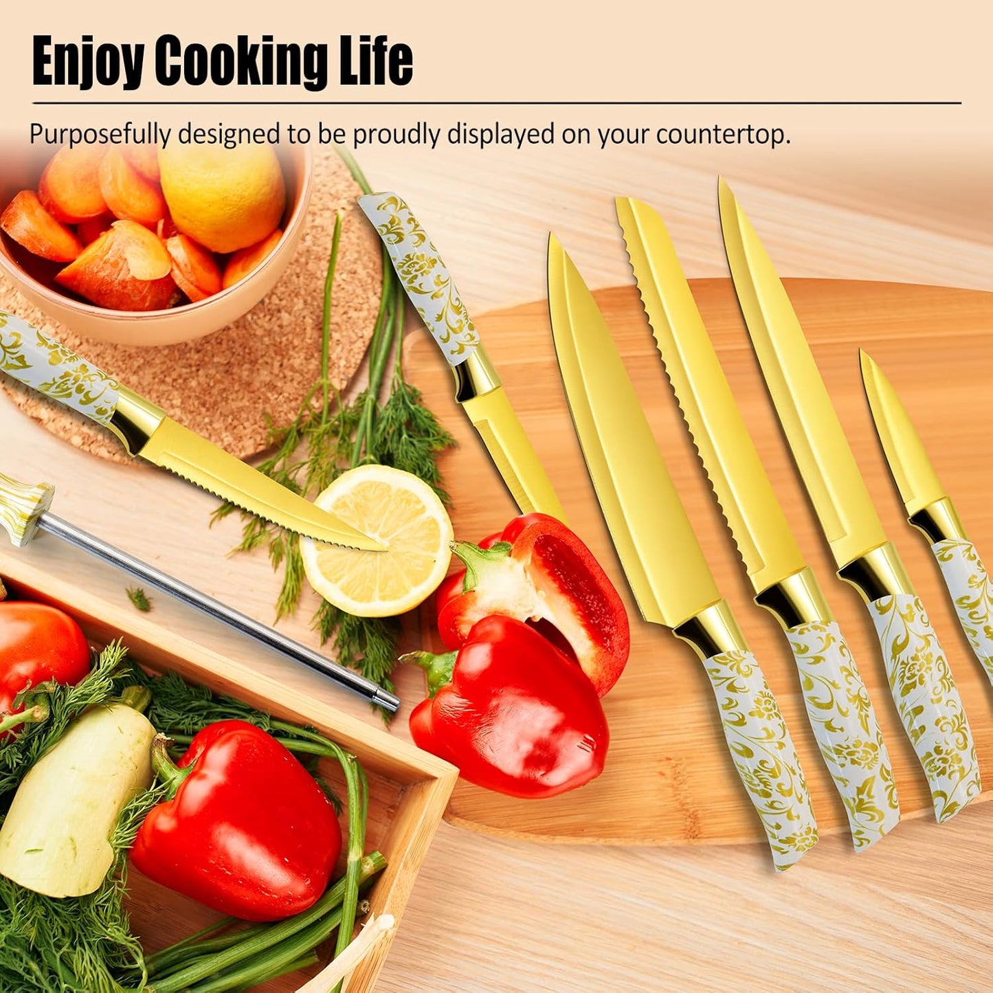 Kitchen Knife Set Non Stick Knives with Block, Serrated Steak Knife, Chef Knife, Bread Knife, Scissors, Sharpener, 14Pcs Stainless Steel Ultra-Sharp Cutlery Block Sets with Titanium Coated Blade