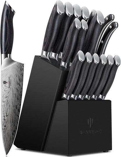 16 Pieces Knife Set, Knife Block Set in Powder Steel, Ultra Sharp Kitchen Knives Set, High Hardness Japanese Knife Set with Ergonomic Pakkawood Handle, Chef Knives Set for Kitchen Cooking