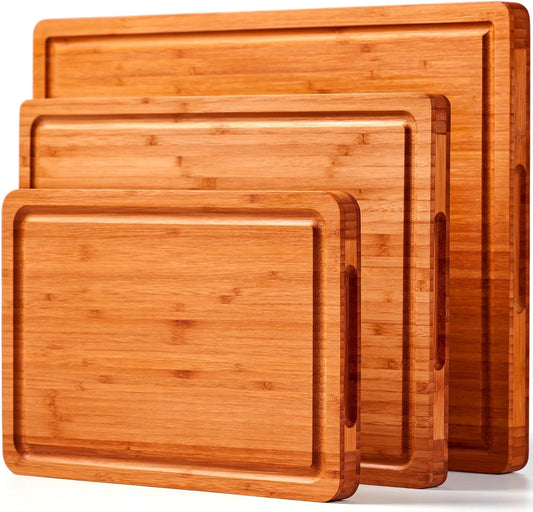 Allsum Bamboo Wood Cutting Board for Kitchen, 1" Thick Butcher Block, Cheese Charcuterie Board, with Side Handles and Juice Grooves, 16x11"