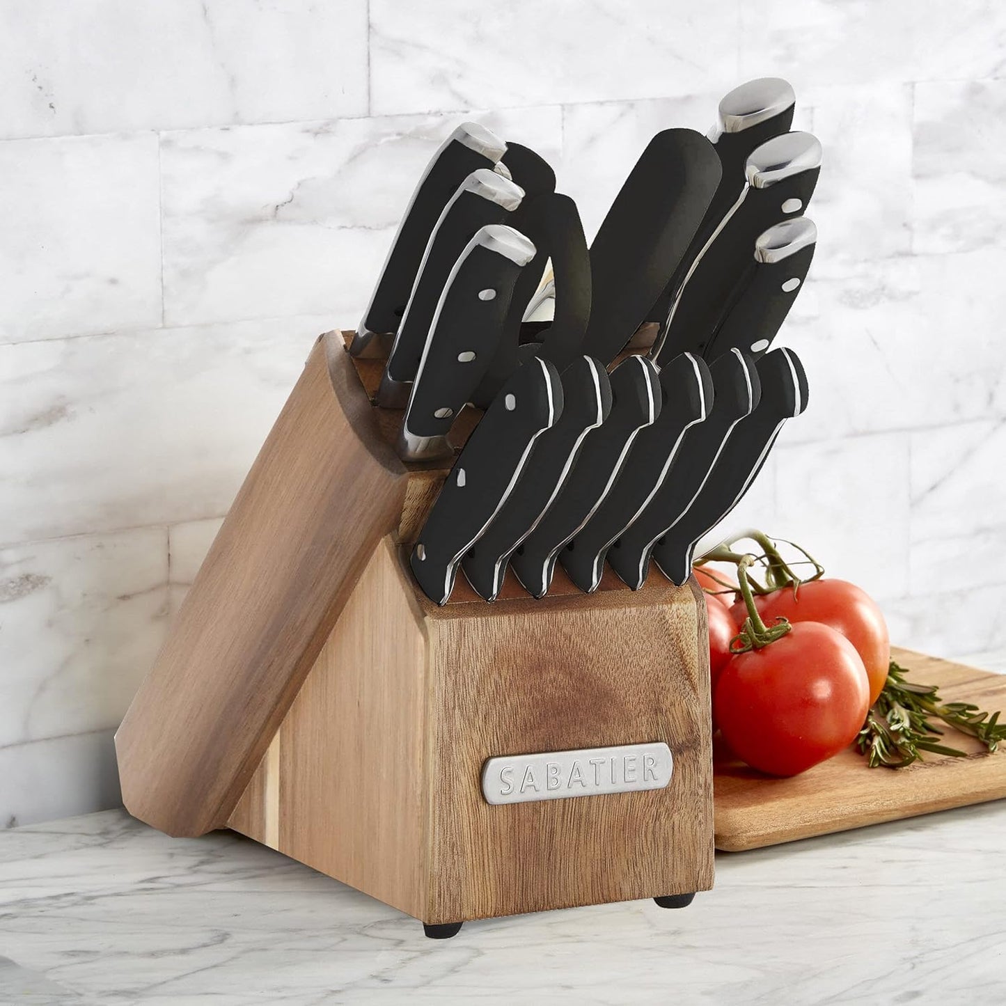 Sabatier 15-Piece Forged Triple Rivet Knife Block Set, High-Carbon Stainless Steel Kitchen Knives, Razor-Sharp Knife set with Acacia Wood Block, White Handles