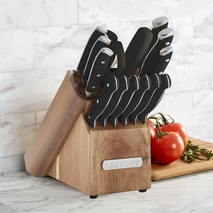 Sabatier 15-Piece Forged Triple Rivet Knife Block Set, High-Carbon Stainless Steel Kitchen Knives, Razor-Sharp Knife set with Acacia Wood Block, White Handles