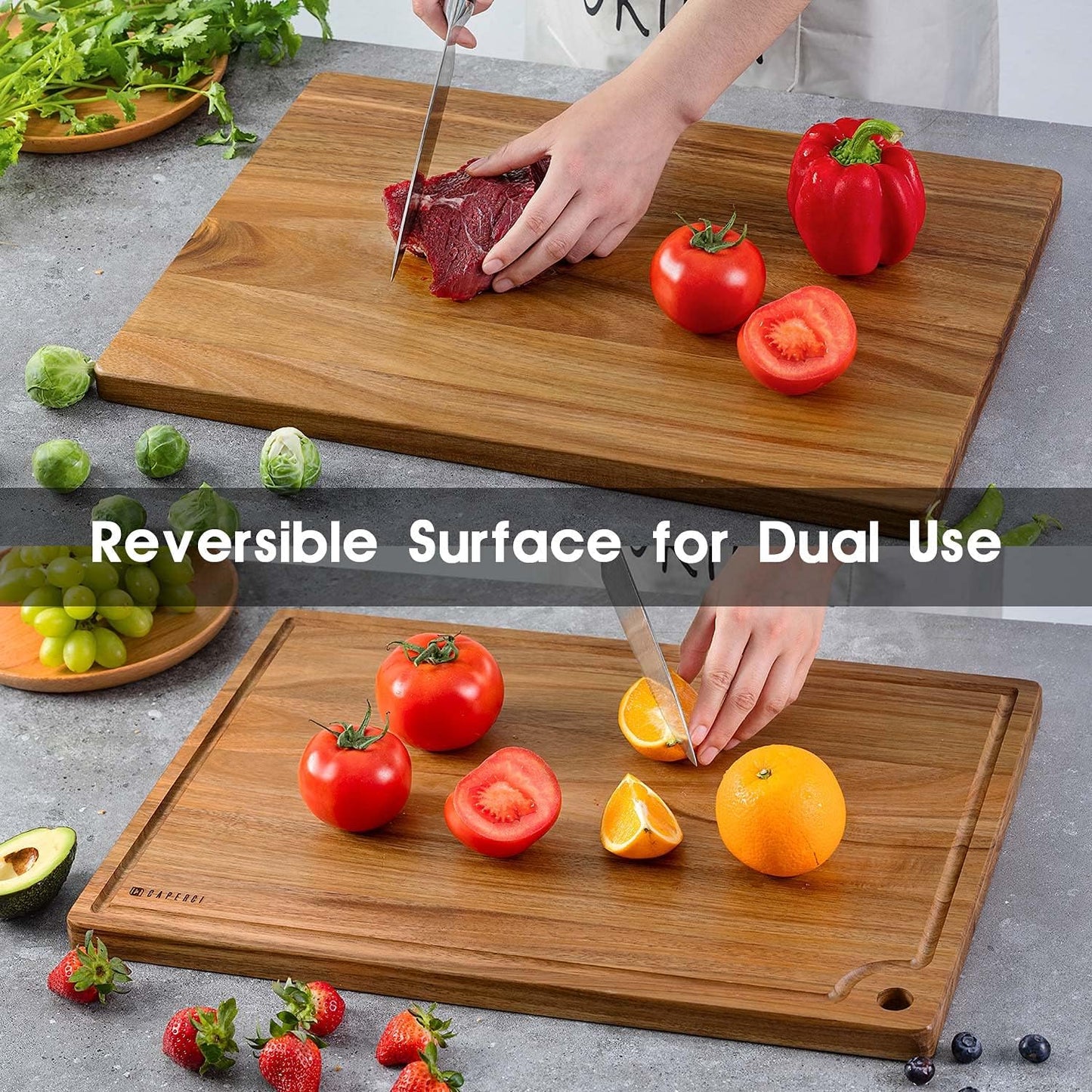 Extra Large Acacia Wood Cutting Board 20 x 14 Inch - Caperci Better Kitchen Chopping Board with Juice Groove & Handle Hole for Meat (Butcher Block) Vegetables and Cheese