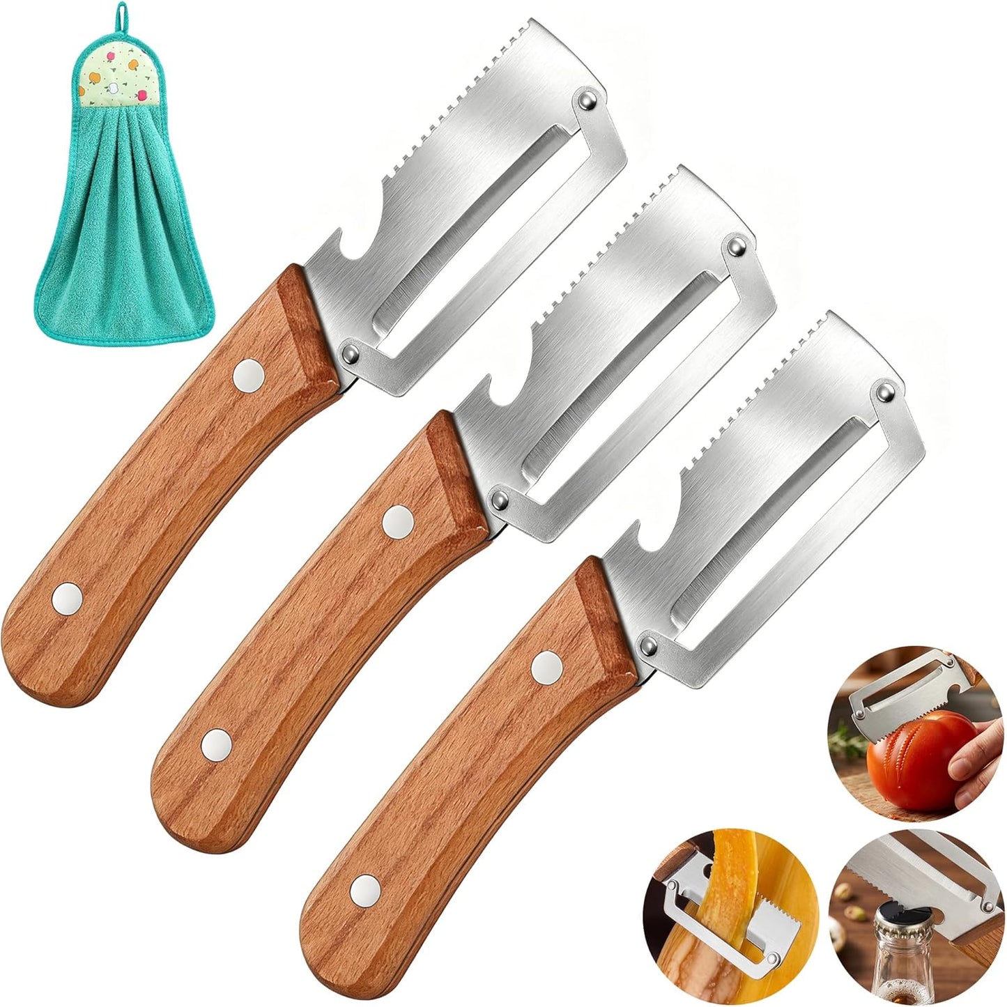 Vegetable Peeler, Potato Paring Knife, Multifunctional Stainless Steel Apple Peeler for Kitchen Use, 2-in-1 Fruit Tool with Sharp Blade, Ergonomic Wooden Handle & Bottle Opener (Pro-1PCS)