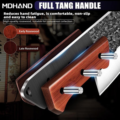 MDHAND Butcher Knife Set, 12PCS Hand Forged Serbian Chef Knife Set with Bag, High Carbon Steel Full Tang Kitchen Knives Set, Meat Cleaver & Boning Knife for Brisket Trimming BBQ Camping, Gift for Men