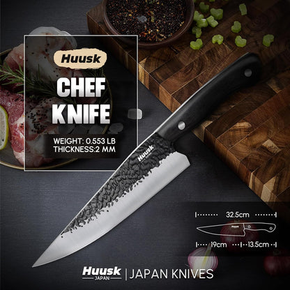 Huusk Japanese Chef Knife Set - Hand Forged Kitchen Knives for Meat Cutting - ATS-34 Carbon Steel Knives Set with Wooden Handle - Viking Cooking Knife Sets for BBQ Christmas Gift for Men and Women