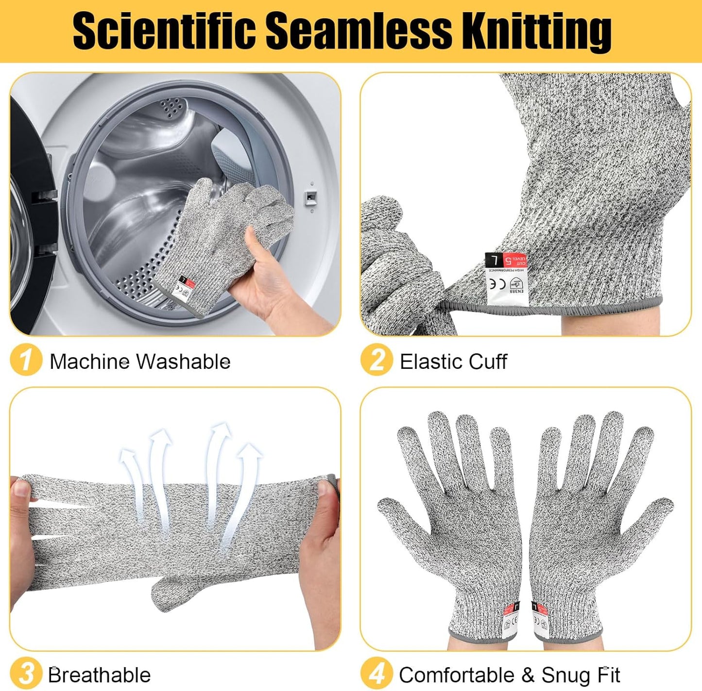2 Pairs Cut Resistant Gloves Level 5 Protection, Food Grade Cut Proof Gloves, Safety Anti Cutting Glove For Cooking Meat, Oyster Shucking, Mandoline, Chefs, Food Prep, Carving, Butcher (M+L)