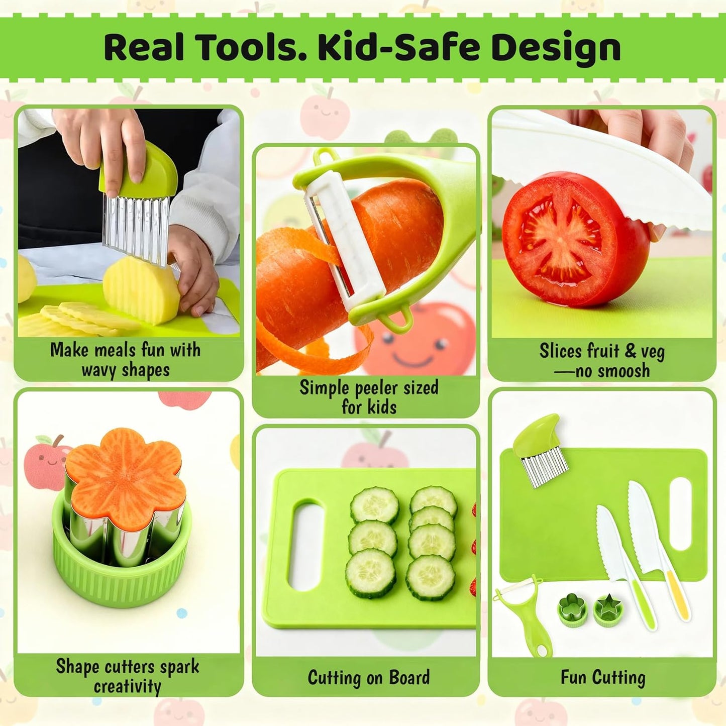 7 Pcs Kids Knife Set for Real Cooking, Toddler Cooking Set Montessori with Recipes Book, Toddler Kitchen Tools for Cooking, Kids Cooking Sets Real - Cutting Board and Knife Set