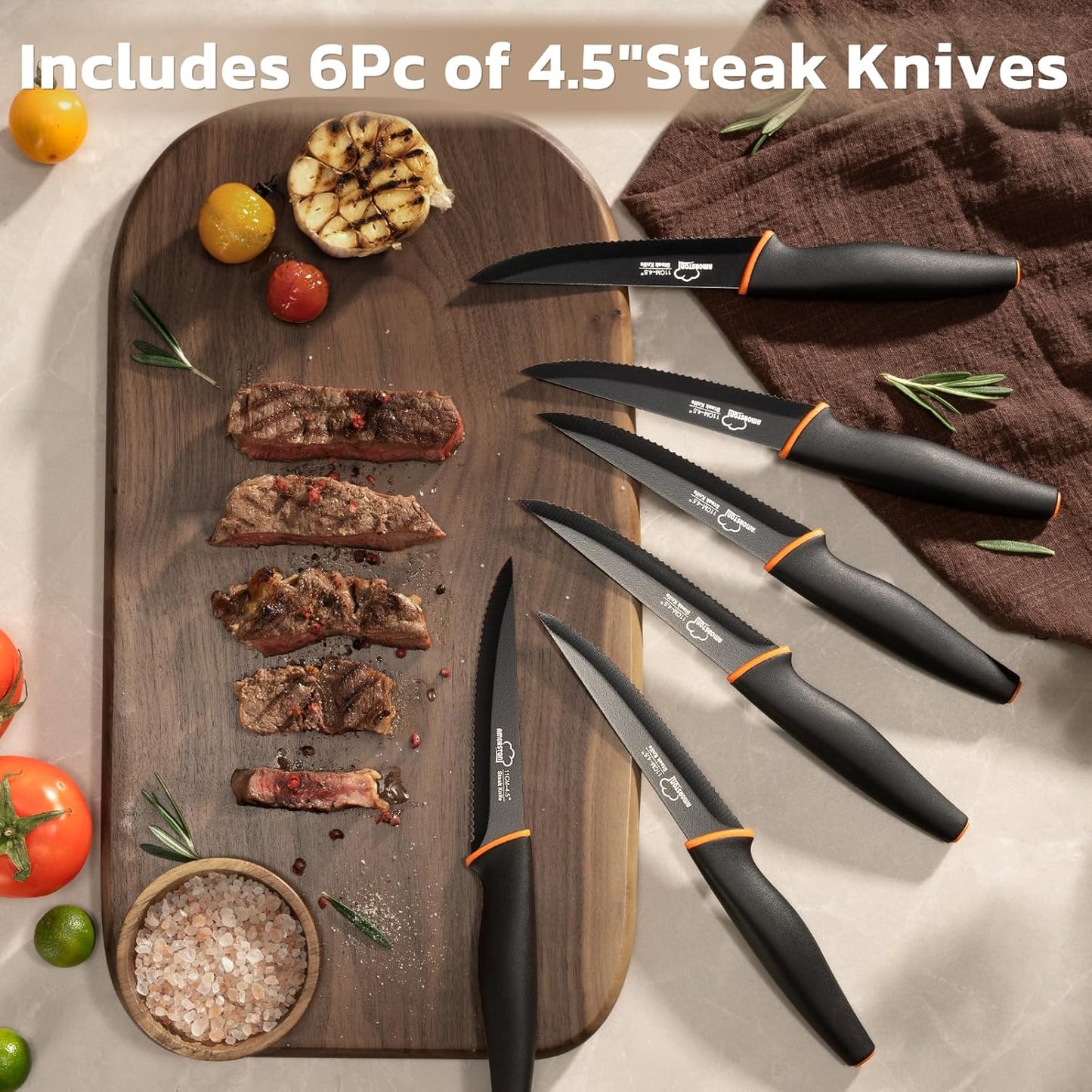 Amorston Knife Set, 22-Piece Kitchen Knife Set with Acrylic Block, Dishwasher Safe with Sharpener, High Carbon Stainless Steel, Anti-slip Ergonomic Handle, Black,Valentine's Gift