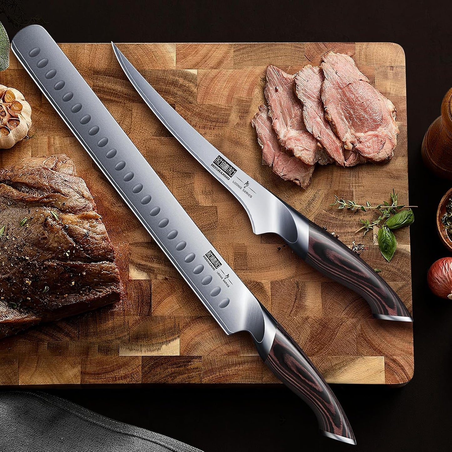 HOSHANHO 8 Inch Carving Knife & 7 Inch Fork Set, Professional Japanese High Carbon Steel Razor Sharp Butcher Brisket Slicing Knife Set for Meat Cutting, BBQ