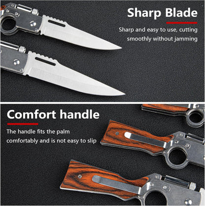2 Pcs Pocket Knife Ak47 Folding Knife Stainless Steel Blade Lightweight Wooden Handle, Gifts for Men