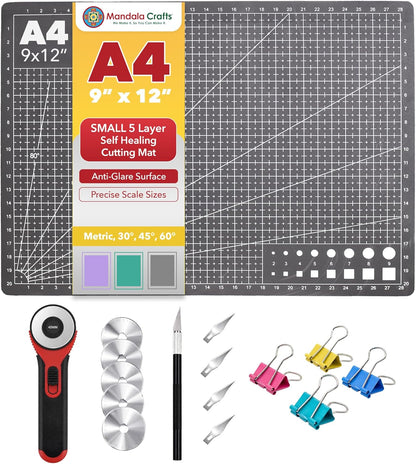 Mandala Crafts Self-Healing Cutting Mat Set – 12" x 18" A3 Green Double-Sided 5-Ply Mat with Fabric Cutter, Quilt Ruler & Craft Knife for Sewing, Quilting, Leather & Scrapbooking