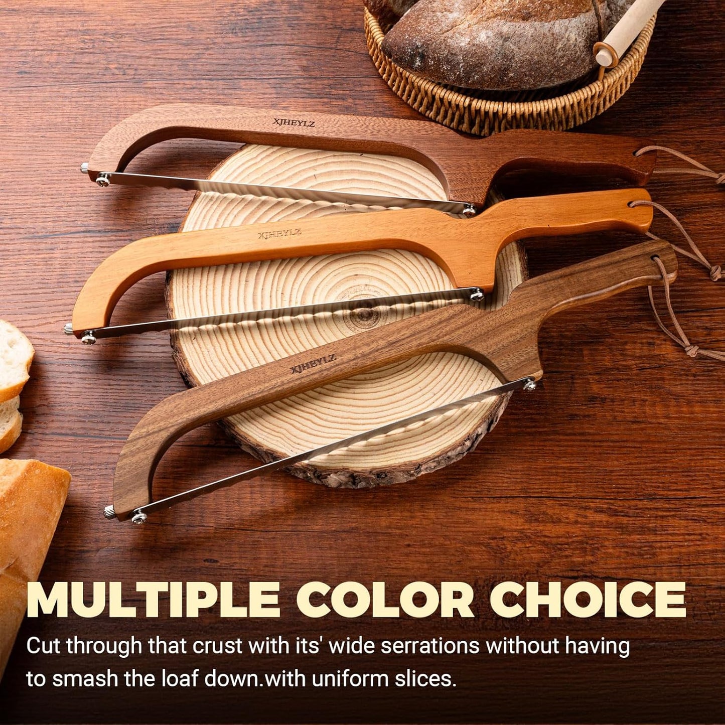 Sourdough bread knife,Bread slicer for homemade bread,Adjustable blade tightness for Even Slicing, Serrated knife,Wooden bread cutter with Bow Design (1, brown)
