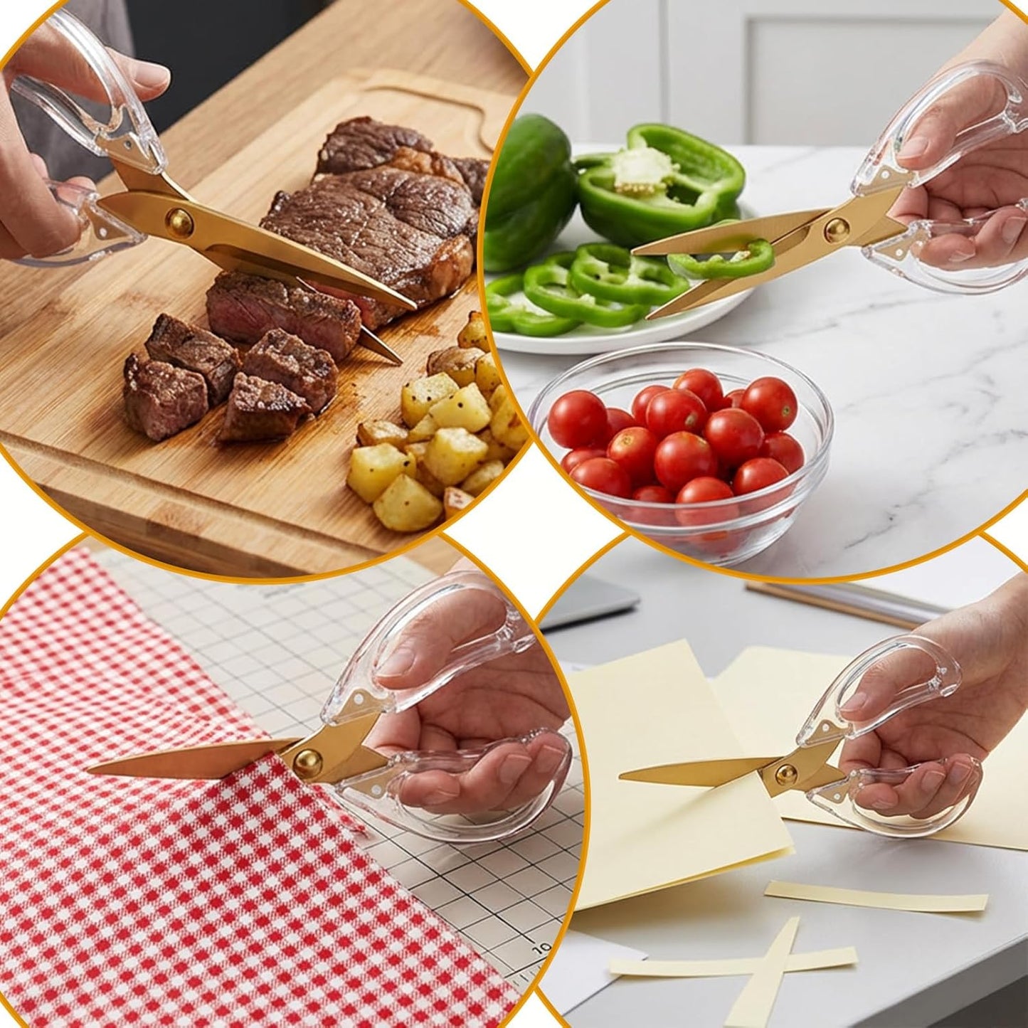 Kitchen Shears, 8 Inch Gold Scissor, Cooking Scissor, Cheese Scissors, Meat and Poultry Shears, Dishwasher Safe, Acrylic Handle Scissors, All Purpose Stainless Steel Utility Scissor（Clear）