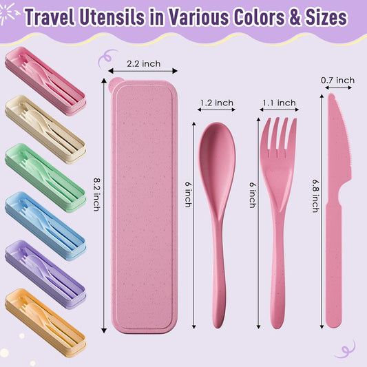 Quatish Reusable Travel Utensils with Case,4 Sets of Camping Utensils,Portable Wheat Straw Utensil (Knife, Fork, Spoon) for Lunch Box,Kitchen, Travel, Picnic & Daily Use - Easy to Clean (Multi-Color)