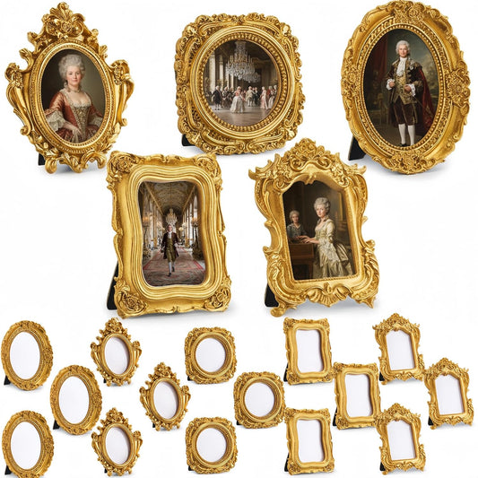 AceOrbit 20 Pcs Vintage Mini Gold Frame Small Resin Baroque Picture Frames Antique with Paper Board and PVC Film Retro Photo Ornaments for Home Wedding Wall Display DIY Decoration (Carved Style)