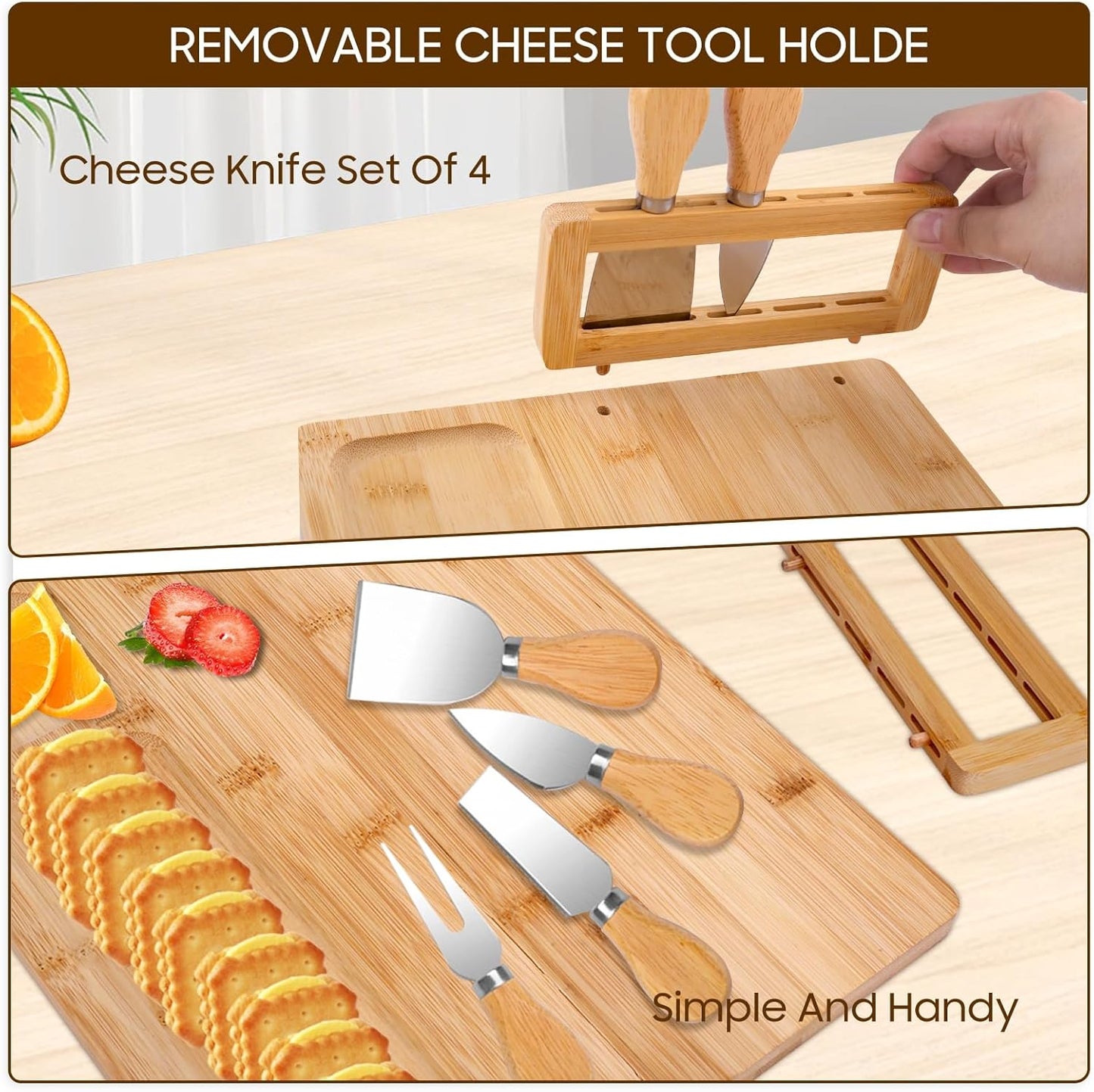TURIMON Bamboo Charcuterie Board Set - Cheese Serving Platter with 4 Stainless Steel Knives and Fruit Tray - Elegant Cheese Board for Parties, Weddings, and Home Entertaining