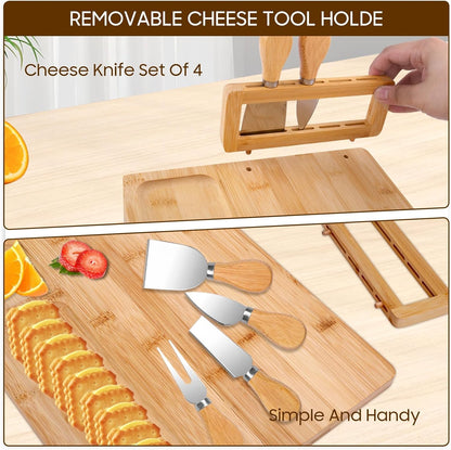 TURIMON Bamboo Charcuterie Board Set - Cheese Serving Platter with 4 Stainless Steel Knives and Fruit Tray - Elegant Cheese Board for Parties, Weddings, and Home Entertaining