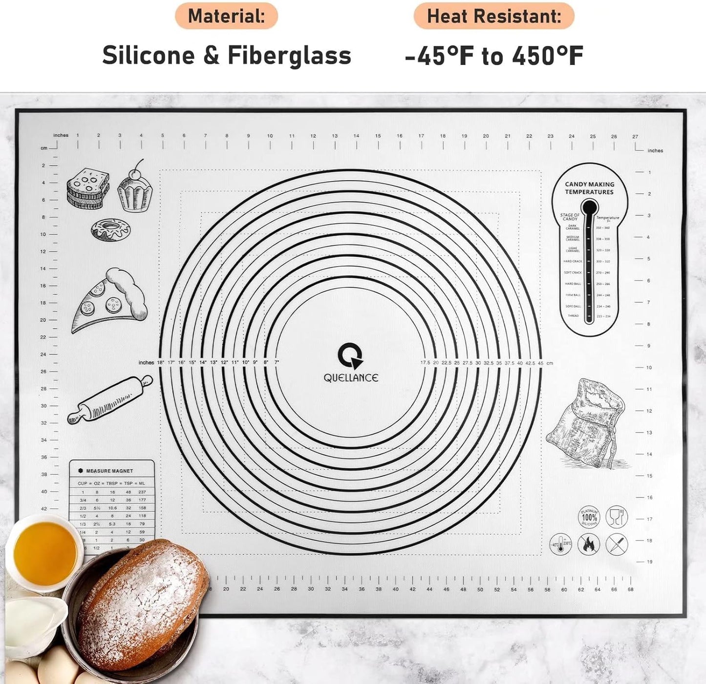 Silicone Pastry Baking Mat Dough - 16x24Inch Large Non Stick Slip Cookie Bread Rolling Mats Sheet, Kitchen Counter Kneading Cooking Board Pad Matt with Measurement for Pie Pizza Cookies Fondant Making