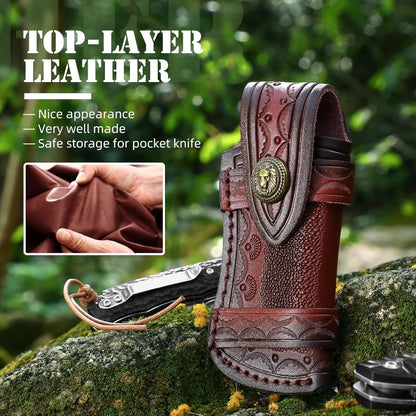 Omesio Pocket Knife Sheath, 4.53" Folding Leather Case, Horizontal Belt Sheath