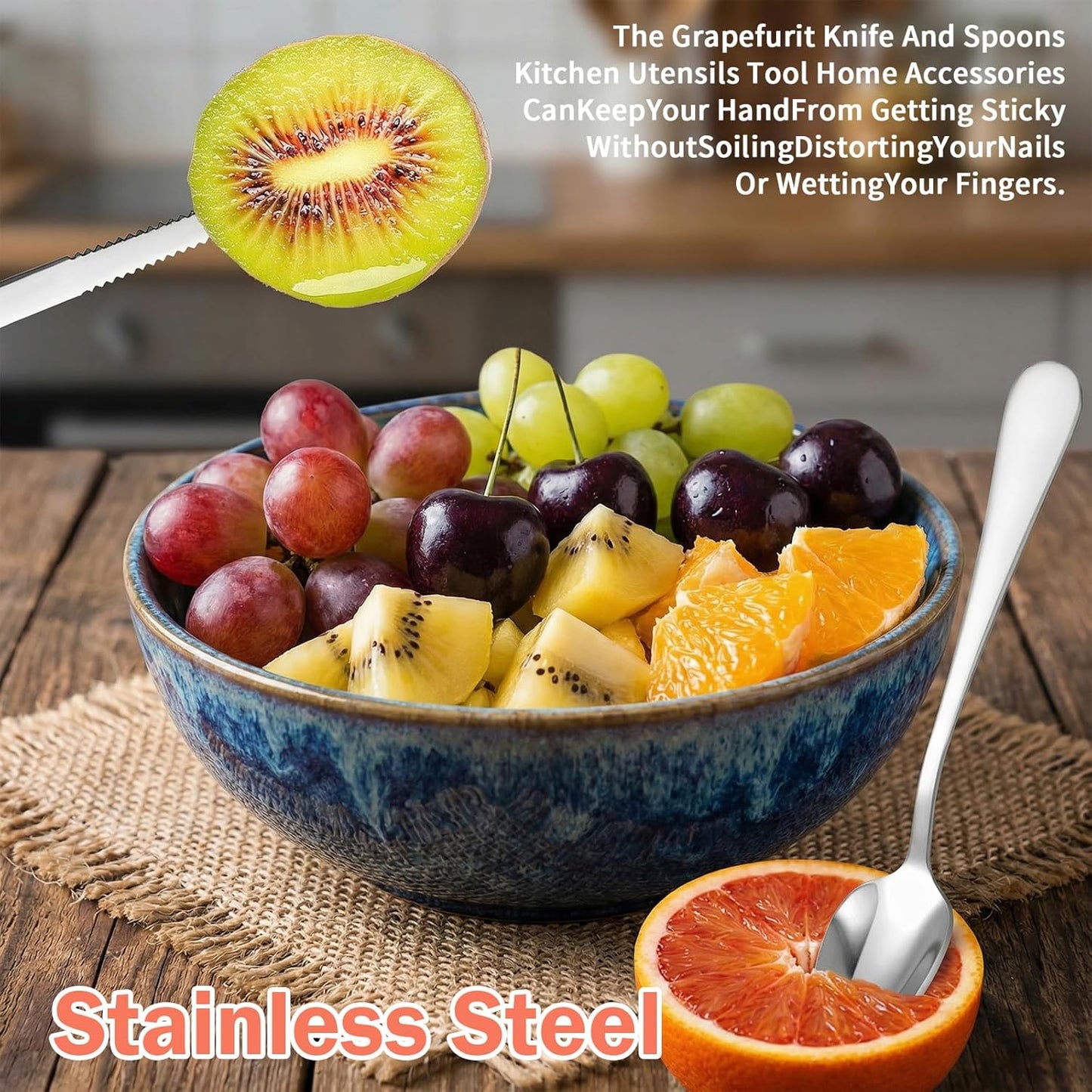 Grapefruit Knife 5 Pieces Set, 3 Stainless Steel Grapefruit Spoons & 2 Grapefruit Knives, Serrated Edge Utensils for Citrus Fruits (Silver)