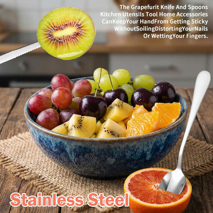 Grapefruit Knife 5 Pieces Set, 3 Stainless Steel Grapefruit Spoons & 2 Grapefruit Knives, Serrated Edge Utensils for Citrus Fruits (Silver)