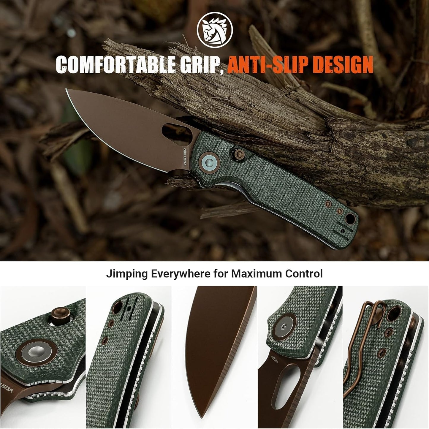 Vosteed EDC Knife, 2.99" 14C28N Steel Wider Blade, Green Micarta Handle Top Liner Lock, Folding Pocket Knives with Clip for Men & Women, Survival Camping - Porcupine A2603
