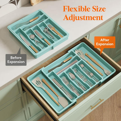 Lifewit Utensil Organizer for Kitchen Drawer, Expandable Cooking Silverware Tray, Adjustable Cutlery Flatware Holder, Plastic Spatula Tools Storage Divider, 14.4 x 15.8", Black