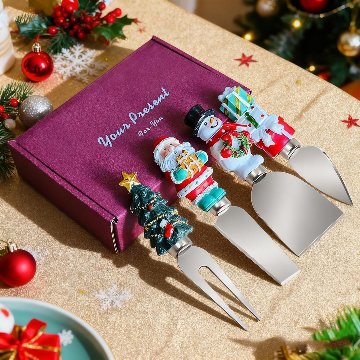 4-Piece Hand Christmas Resin Handles Cheese Knives, Xmas Charm Cheese Spreader Knife for Charcuterie Board Tools