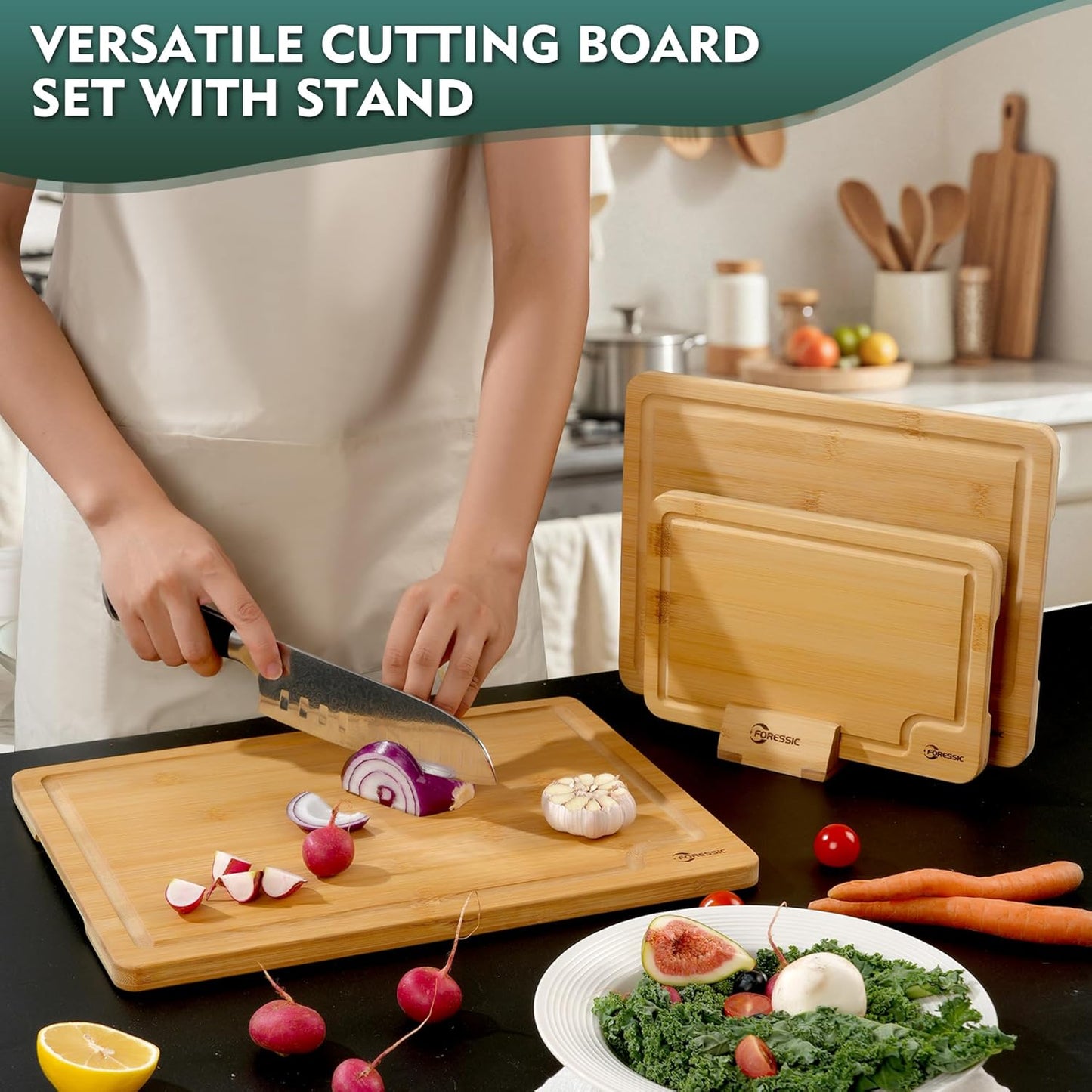 Wood Cutting Board Carbonized Bamboo Set With Smooth Surface Set 4 Packs with Non Slip Feet Holder and Over Sink Solid Thick Durable Wood Charcuterie Cheese Serving Tray Kitchen Gadgets (Carbonized)
