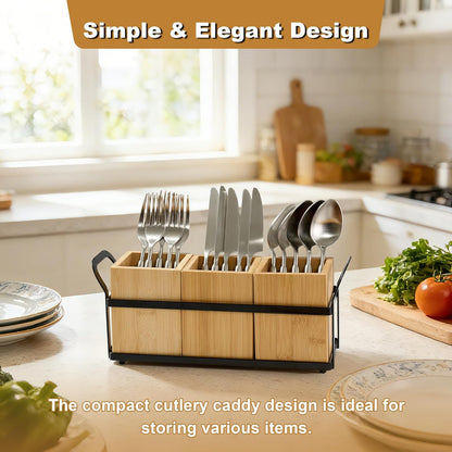 Kitchen Utensil Holder for Countertop, 3 Compartments Wooden Utensils Organizer for Cooking Utensils, Silverware, Spatula, Fork, Knife, Cutlery Storage for Kitchen Counter-White