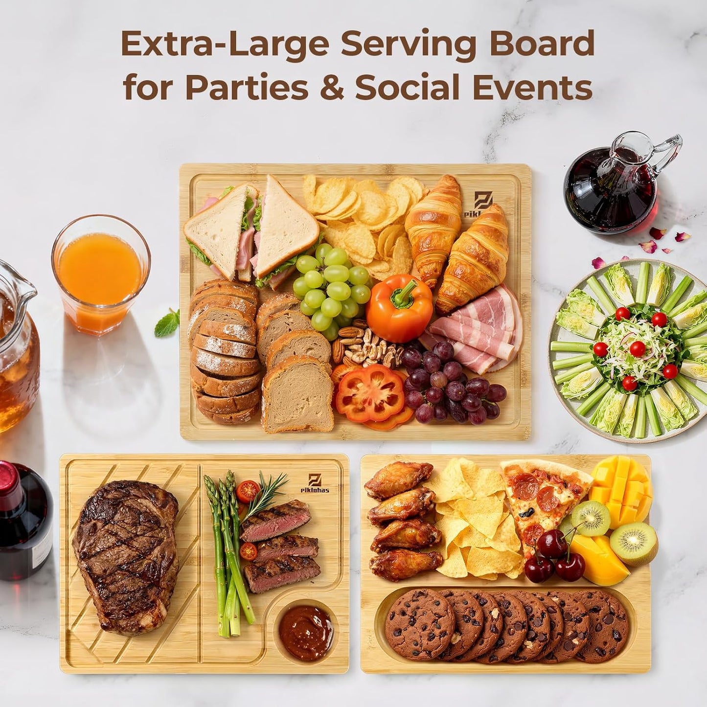 Piklohas Large Bamboo Cutting Boards Set of 4 for Kitchen, Bamboo Charcuterie Chopping Board with Holder Non Slip, Steak Serving Tray with Juice Groove, Big Butcher Block for Cheese, Ideal for Gift