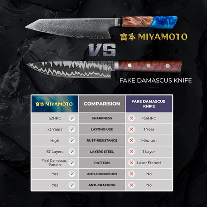 Miyamoto 8-Inch Japanese Damascus Chef Knife, 67-Layer Steel, Ultra-Sharp High Carbon Blade with Resin Handle for Precision Chopping and Carving