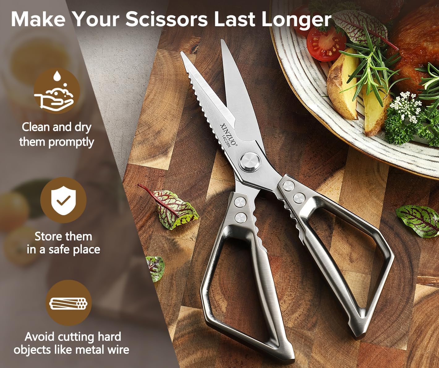 XINZUO Sandvik 14C28N Stainless Steel Multi-Purpose Kitchen Shear,Heavy Duty Kitchen Food Scissors For (Meat/Herbs/Poultry),With Silver Aluminum Alloy Handle