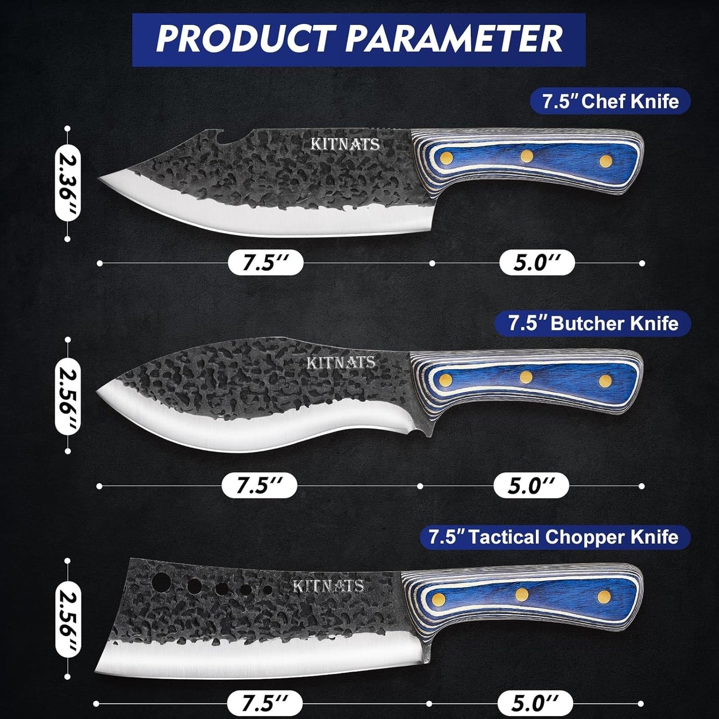 KITNATS 3PCS Butcher Knife Set, Hand Forged kitchen Knife Set-Heavy Duty Bone Chopper & Meat Cleaver & Viking Chef Knife Set for Home, Outdoor Cooking, Camping BBQ