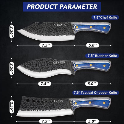 KITNATS 3PCS Butcher Knife Set, Hand Forged kitchen Knife Set-Heavy Duty Bone Chopper & Meat Cleaver & Viking Chef Knife Set for Home, Outdoor Cooking, Camping BBQ