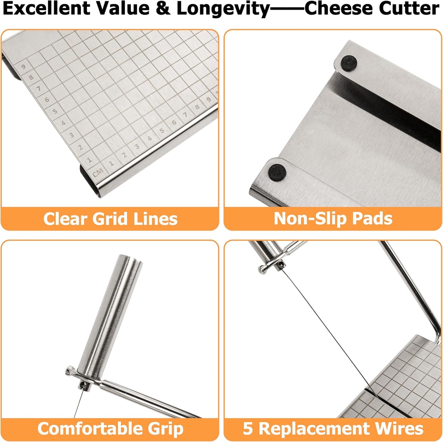 RedCall Cheese Slicer with 4 Piece Cheese Knives Set, Stainless Steel Cheese Cutter with Measuring Grids,Tightness Adjustable Wire Cheese Slicer for Block Cheese, with 5 Extra Wires