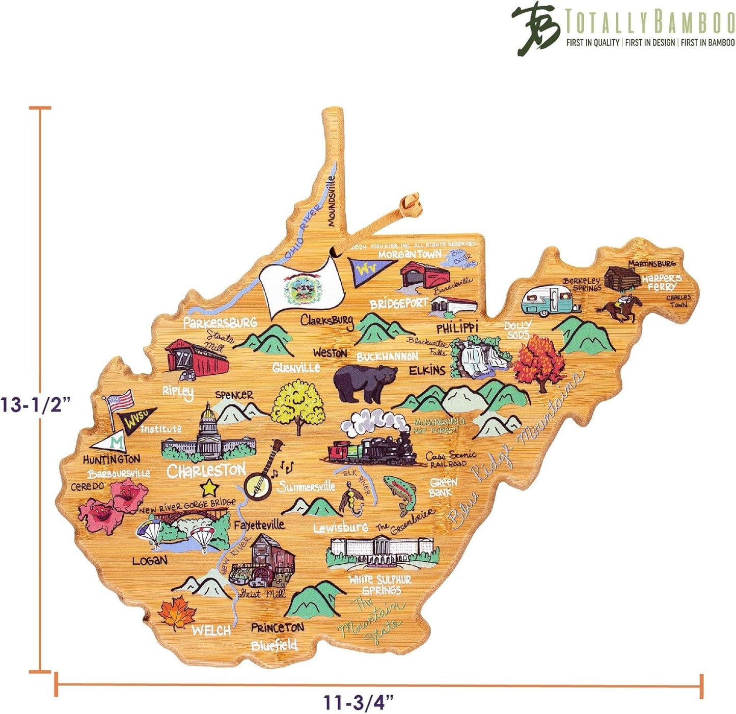 Totally Bamboo Tennessee State Shaped Cutting Board and Charcuterie Serving Platter with Artwork by Fish Kiss, Includes Hang Tie for Wall Display - Colors B