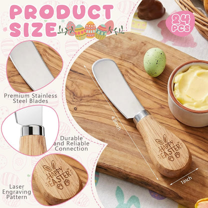 24 Pack Easter Party Favors Gift Set Cheese Spreader Knives with Greeting Cards & Organza Bags, Stainless Steel Butter Spreader with Wood Handle, Easter Charcuterie Board Table Decor