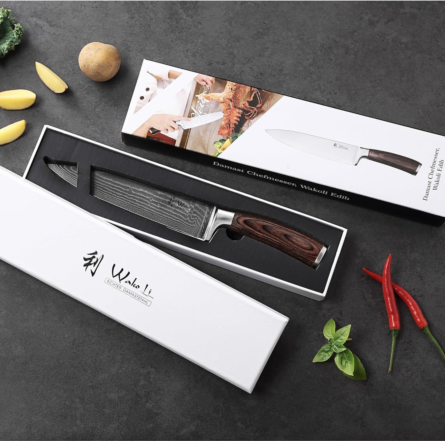 Wakoli EDIB Damascus Meat Knife – 7-Inch Japanese-Style Kitchen Knife for Meat, BBQ, and Roasts, 67-Layer Damascus Steel Blade with VG10 Core, Ergonomic Pakkawood Handle – Carving Knife in Gift Box