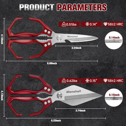 Wenshall 2-Pack Heavy Duty All-Purpose Kitchen Scissors, Japanese Stainless Steel, Kitchen Shears for Cutting Chicken, Poultry, Game, Meat - Chopping Vegetable, Dishwasher Safe,Christmas (Red)