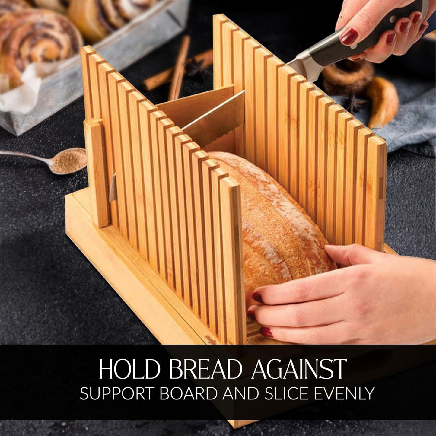 Bamboo Bread Slicer with High-Grade Stainless Steel Knife – Adjustable Wooden Bread Cutter Guide with Crumb Tray, Brush & Pouch | Manual Bread Slicer for Homemade Bread, Sourdough, Loaf, Cakes