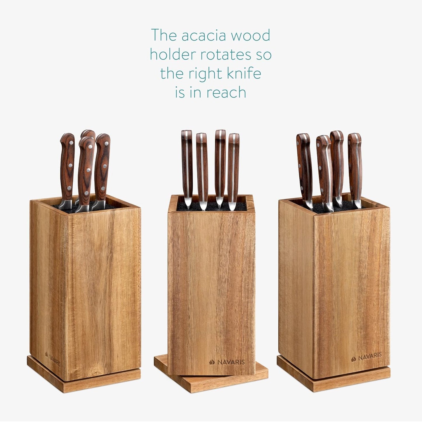 Navaris Bamboo Kitchen Knife Block - Magnetic Rotating Bristle Knife Holder - Universal Knife Block Storage Stand with Bristles - 9.8" x 4.9" x 4.9"