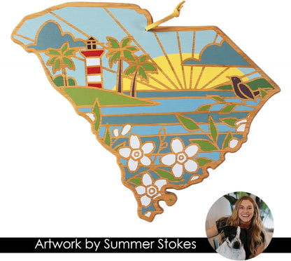 Totally Bamboo North Carolina State Shaped Cutting Board and Charcuterie Serving Platter with Artwork by Summer Stokes, Includes Hang Tie for Wall Display 18" x 8" x 5/8" - Colors A
